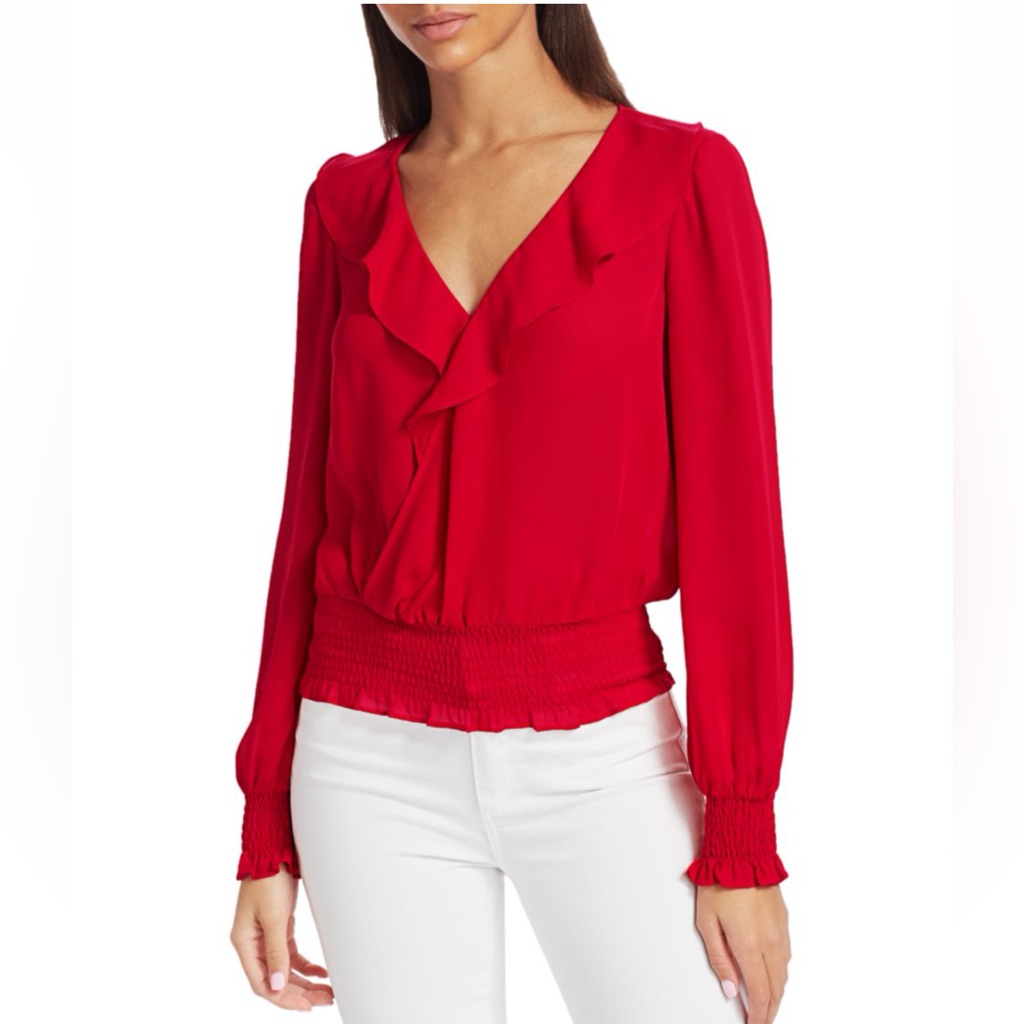 Parker Red Silk Ruffle Long Sleeve Romantic Vneck Blouse